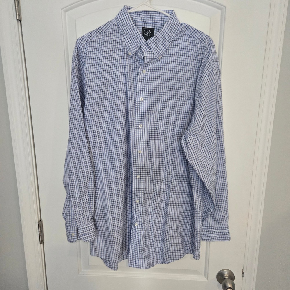 Jos A Bank Traveler Traditional Fit Blue Check Dress Shirt Men's 17 34 Cotton - Picture 2 of 8